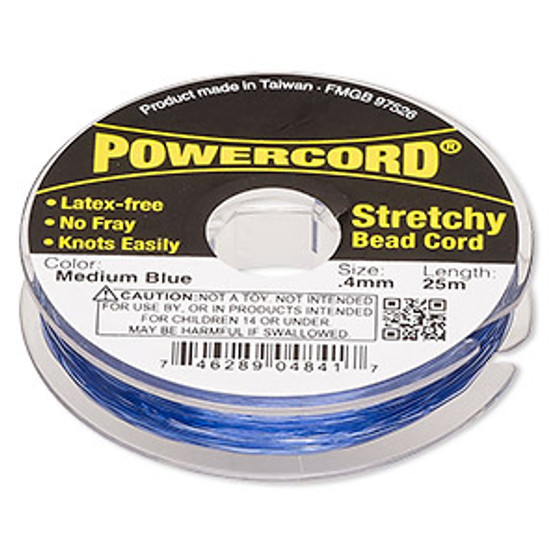 Cord, Powercord®, elastic, medium blue , 0.4mm, 3.5 pound test. Sold per 25-meter spool.