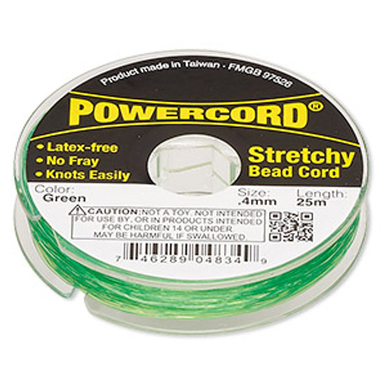 Cord, Powercord®, elastic, green , 0.4mm, 3.5 pound test. Sold per 25-meter spool.