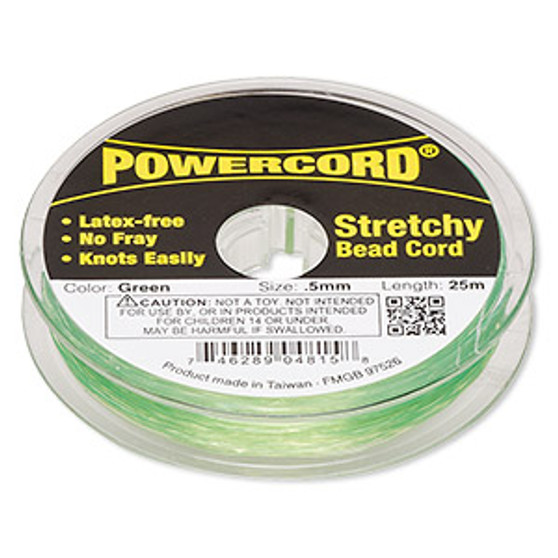 Cord, Powercord®, elastic, green, 0.5mm, 4 pound test. Sold per 25-meter spool.