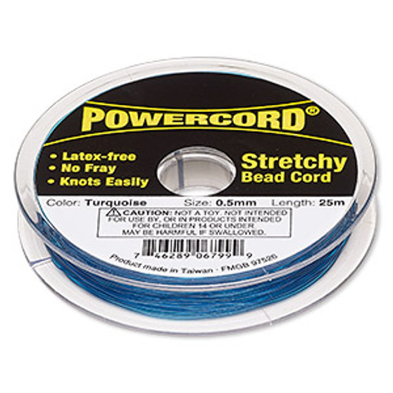 Cord, Powercord®, elastic, turquoise , 0.5mm, 4 pound test. Sold per 25-meter spool.
