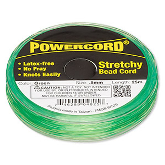 Cord, Powercord®, elastic, green , 0.8mm, 8.5 pound test. Sold per 25-meter spool.