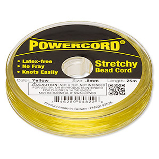 Cord, Powercord®, elastic, yellow , 0.8mm, 8.5 pound test. Sold per 25-meter spool.