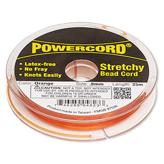 Cord, Powercord®, elastic, orange , 0.8mm, 8.5 pound test. Sold per 25-meter spool.
