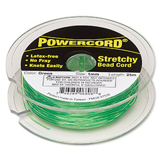 Cord, Powercord®, elastic, green , 1mm, 14 pound test. Sold per 25-meter spool.