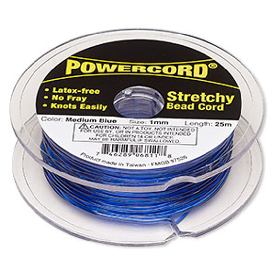 Cord, Powercord®, elastic, medium blue , 1mm, 14 pound test. Sold per 25-meter spool.