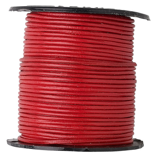 Cord, leather (dyed), red, 1-1.2mm round. Sold per 5-yard spool.