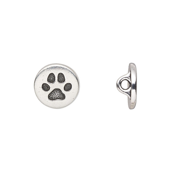 Button, TierraCast®, "Spot and Whiskers" collection, antique silver-plated pewter (tin-based alloy), 12mm flat round with dog paw and loop. Sold per pkg of 2.