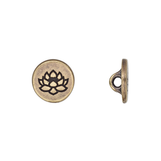 Button, TierraCast®, antique brass-plated pewter (tin-based alloy), 12mm flat round with lotus and loop. Sold per pkg of 2.