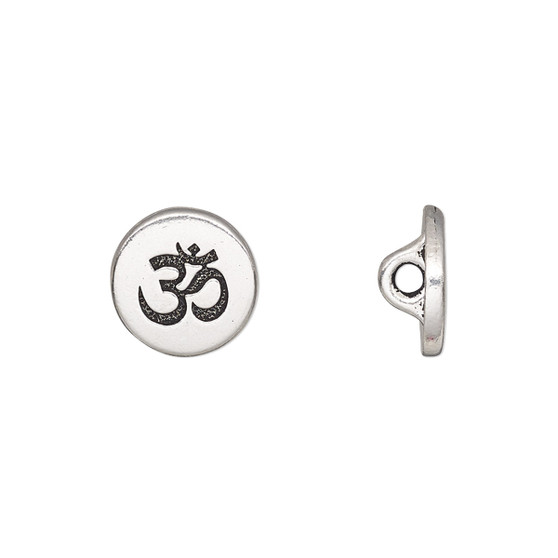 Button, TierraCast®, antique silver-plated pewter (tin-based alloy), 12mm flat round with Om symbol and loop. Sold per pkg of 2.