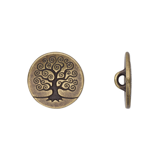 Button, TierraCast®, antique brass-plated pewter (tin-based alloy), 16mm flat round with tree of life and closed loop. Sold per pkg of 2