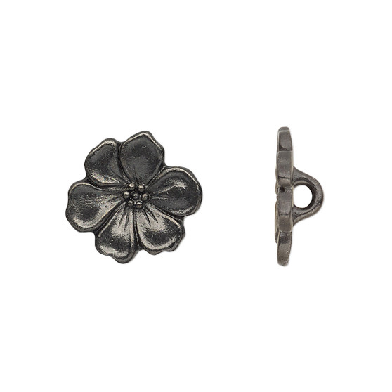 Button, TierraCast®, black-plated pewter (tin-based alloy), 15x14mm flower. Sold per pkg of 2.