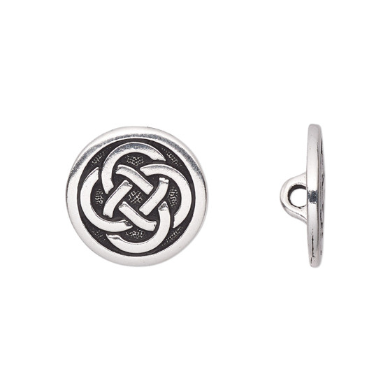 Button, TierraCast®, antique silver-plated pewter (tin-based alloy), 16mm flat round with Celtic knot and closed loop. Sold per pkg of 2.