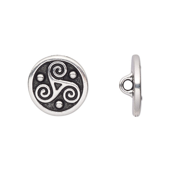 Button, TierraCast®, antique silver-plated pewter (tin-based alloy), 16mm flat round with triskele and closed loop. Sold per pkg of 2.