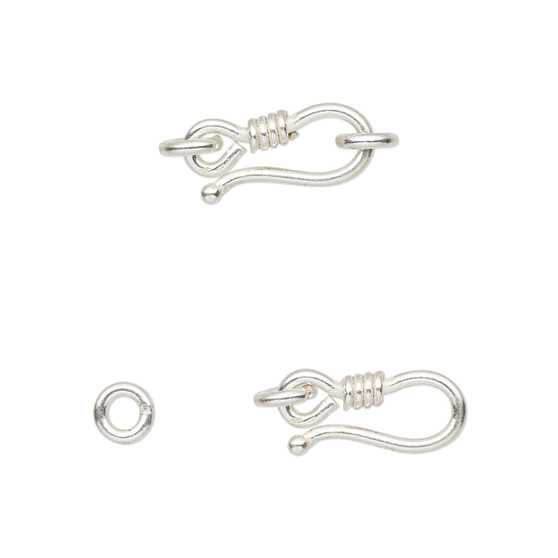 Clasp, hook-and-eye, sterling silver, 14x7mm with (2) 4mm soldered jump rings. Sold per pkg of 2.