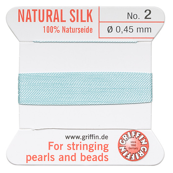 Griffin Thread, Silk 2-yard card with integrated flexible stainless steel needle Size 2 (0.45mm) Turquoise Blue