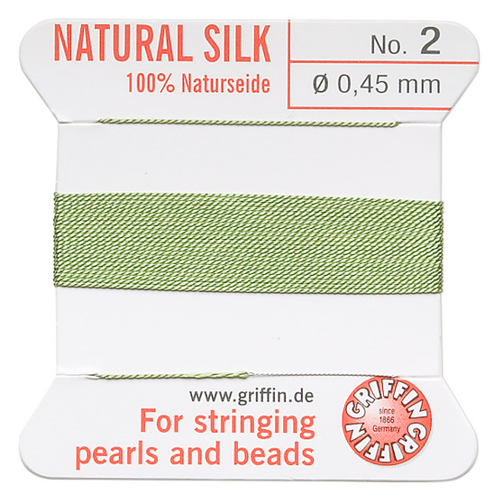 Griffin Thread, Silk 2-yard card with integrated flexible stainless steel needle Size 2 (0.45mm) Jade Green