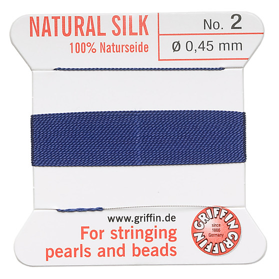 Griffin Thread, Silk 2-yard card with integrated flexible stainless steel needle Size 2 (0.45mm) Dark Blue