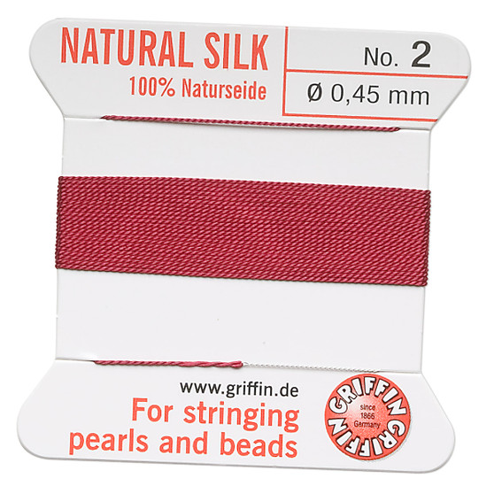 Griffin Thread, Silk 2-yard card with integrated flexible stainless steel needle Size 2 (0.45mm) Garnet Red