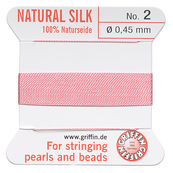 Griffin Thread, Silk 2-yard card with integrated flexible stainless steel needle Size 2 (0.45mm) Dark Pink