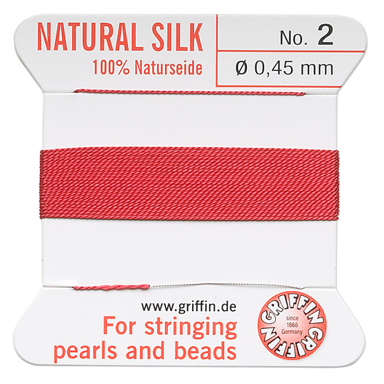 Griffin Thread, Silk 2-yard card with integrated flexible stainless steel needle Size 2 (0.45mm) Red