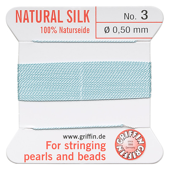 Griffin Thread, Silk 2-yard card with integrated flexible stainless steel needle Size 3 (0.5mm) Turquoise Blue