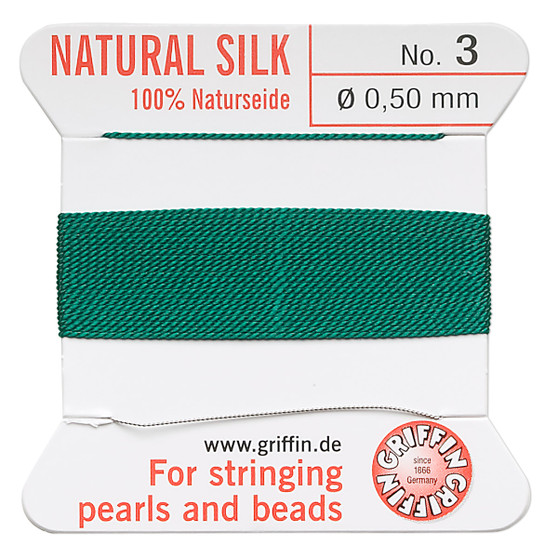 Griffin Thread, Silk 2-yard card with integrated flexible stainless steel needle Size 3 (0.5mm) Green