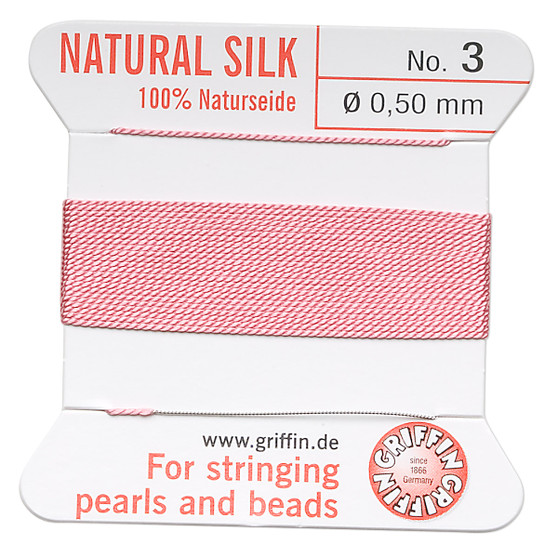 Griffin Thread, Silk 2-yard card with integrated flexible stainless steel needle Size 3 (0.5mm) Dark Pink