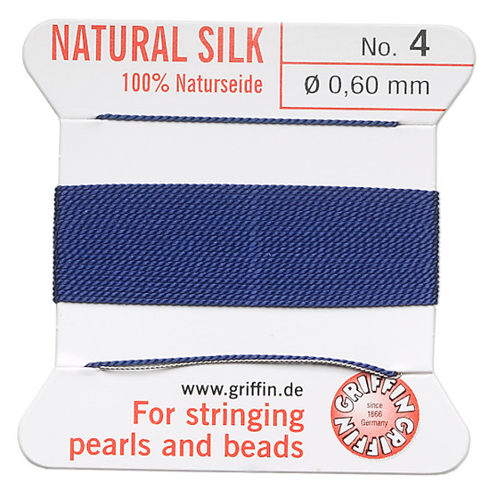 Griffin Thread, Silk 2-yard card with integrated flexible stainless steel needle Size 4 (0.6mm) Dark Blue