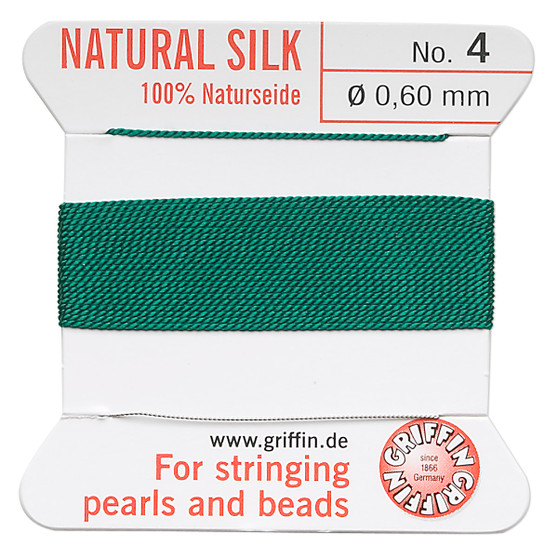 Griffin Thread, Silk 2-yard card with integrated flexible stainless steel needle Size 4 (0.6mm) Green