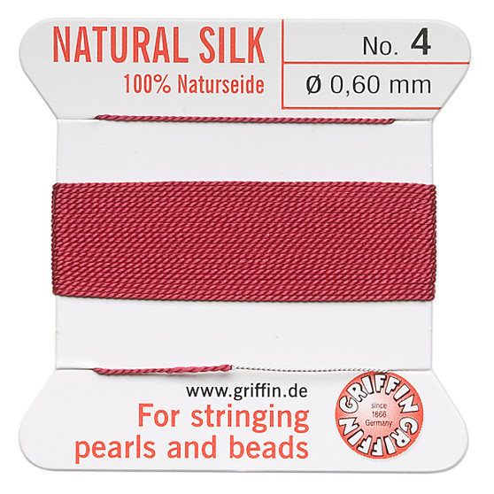 Griffin Thread, Silk 2-yard card with integrated flexible stainless steel needle Size 4 (0.6mm) Garnet Red
