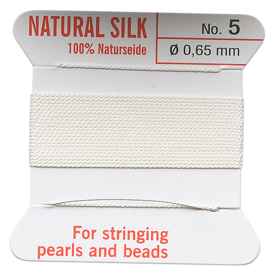 Griffin Thread, Silk 2-yard card with integrated flexible stainless steel needle Size 5 (0.65mm) White