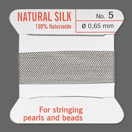 Griffin Thread, Silk 2-yard card with integrated flexible stainless steel needle Size 5 (0.65mm) Grey