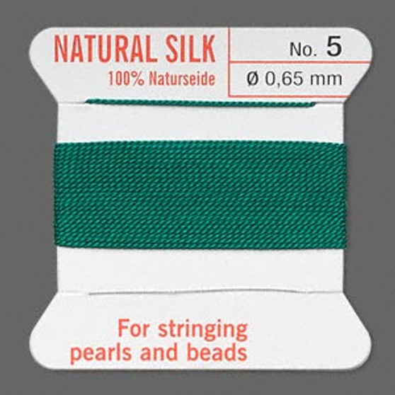 Griffin Thread, Silk 2-yard card with integrated flexible stainless steel needle Size 5 (0.65mm) Green