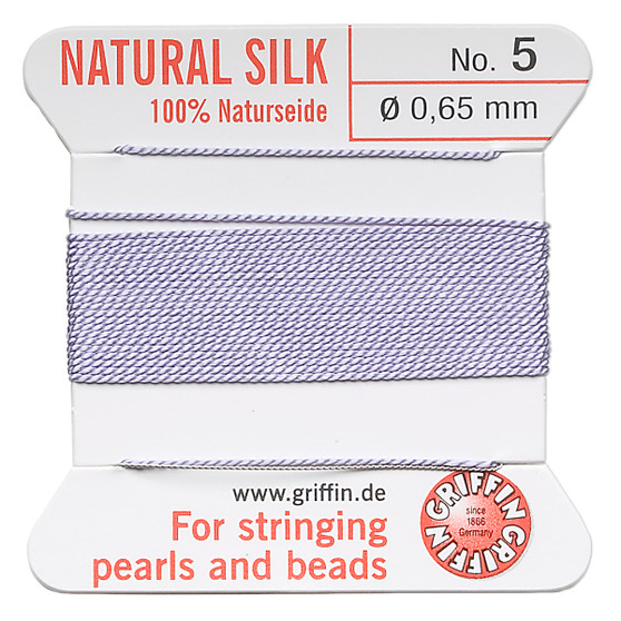 Griffin Thread, Silk 2-yard card with integrated flexible stainless steel needle Size 5 (0.65mm) Lilac