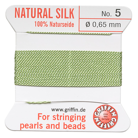 Griffin Thread, Silk 2-yard card with integrated flexible stainless steel needle Size 5 (0.65mm) Jade Green