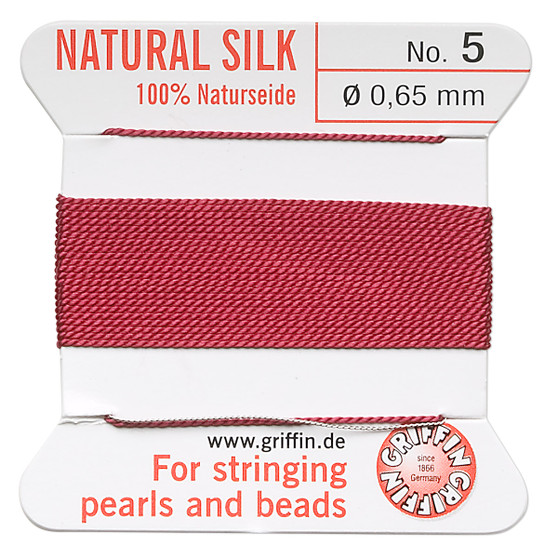 Griffin Thread, Silk 2-yard card with integrated flexible stainless steel needle Size 5 (0.65mm) Garnet Red