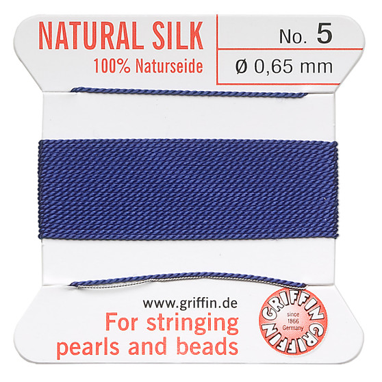 Griffin Thread, Silk 2-yard card with integrated flexible stainless steel needle Size 5 (0.65mm) Dark Blue