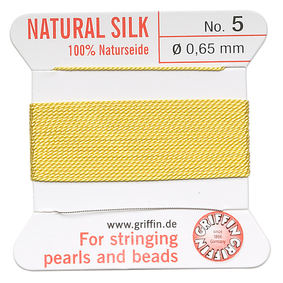 Griffin Thread, Silk 2-yard card with integrated flexible stainless steel needle Size 5 (0.65mm) Yellow