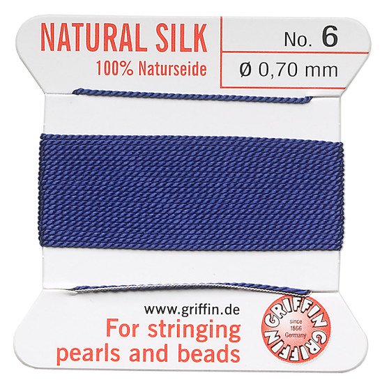 Griffin Thread, Silk 2-yard card with integrated flexible stainless steel needle Size 6 (0.7mm) Dark Blue