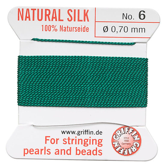 Griffin Thread, Silk 2-yard card with integrated flexible stainless steel needle Size 6 (0.7mm) Green