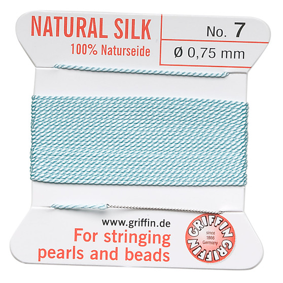 Griffin Thread, Silk 2-yard card with integrated flexible stainless steel needle Size 7 (0.75mm) Turquoise Blue