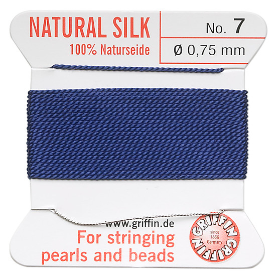 Griffin Thread, Silk 2-yard card with integrated flexible stainless steel needle Size 7 (0.75mm) Dark Blue