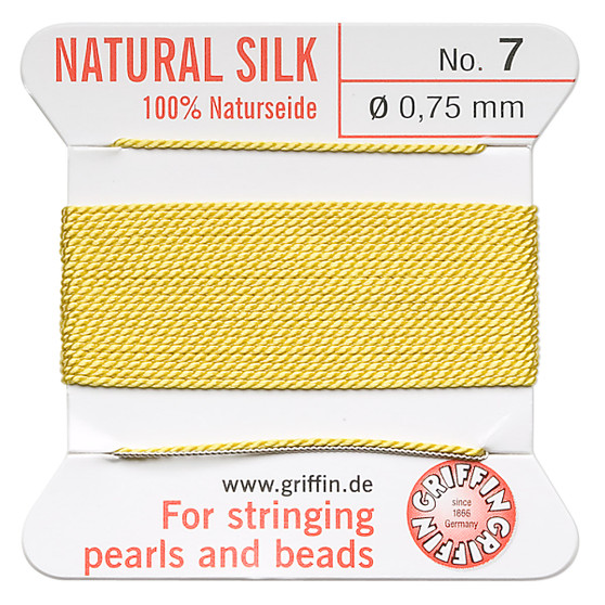 Griffin Thread, Silk 2-yard card with integrated flexible stainless steel needle Size 7 (0.75mm) Yellow