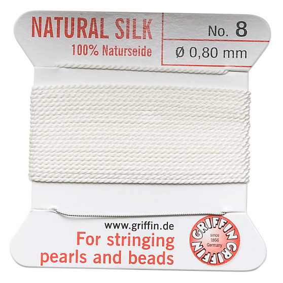 Griffin Thread, Silk 2-yard card with integrated flexible stainless steel needle Size 8 (0.8mm) White