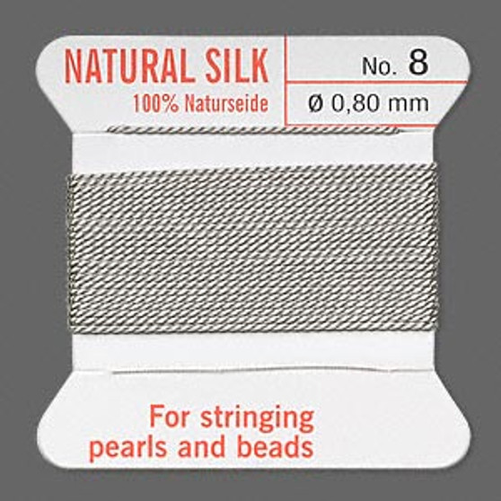Griffin Thread, Silk 2-yard card with integrated flexible stainless steel needle Size 8 (0.8mm) Grey