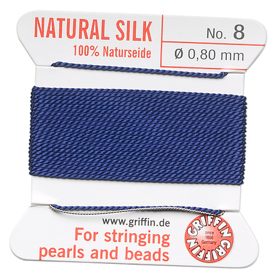 Griffin Thread, Silk 2-yard card with integrated flexible stainless steel needle Size 8 (0.8mm) Dark Blue