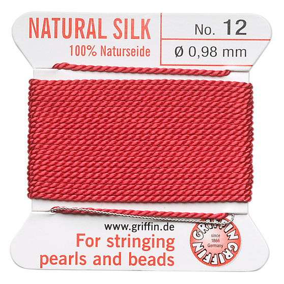 Griffin Thread, Silk 2-yard card with integrated flexible stainless steel needle Size 12 (0.98mm) Red