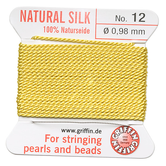 Griffin Thread, Silk 2-yard card with integrated flexible stainless steel needle Size 12 (0.98mm) Yellow