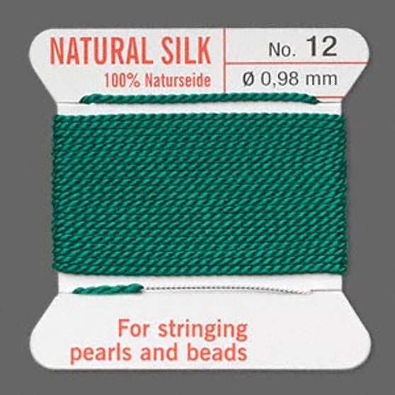 Griffin Thread, Silk 2-yard card with integrated flexible stainless steel needle Size 12 (0.98mm) Green