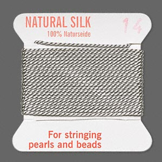 Griffin Thread, Silk 2-yard card with integrated flexible stainless steel needle Size 14 (1.02mm) Grey